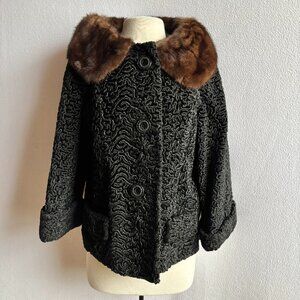 1950s 1960s Astrakin Faux Persian Lamb Mink Collar Waist Length Jacket